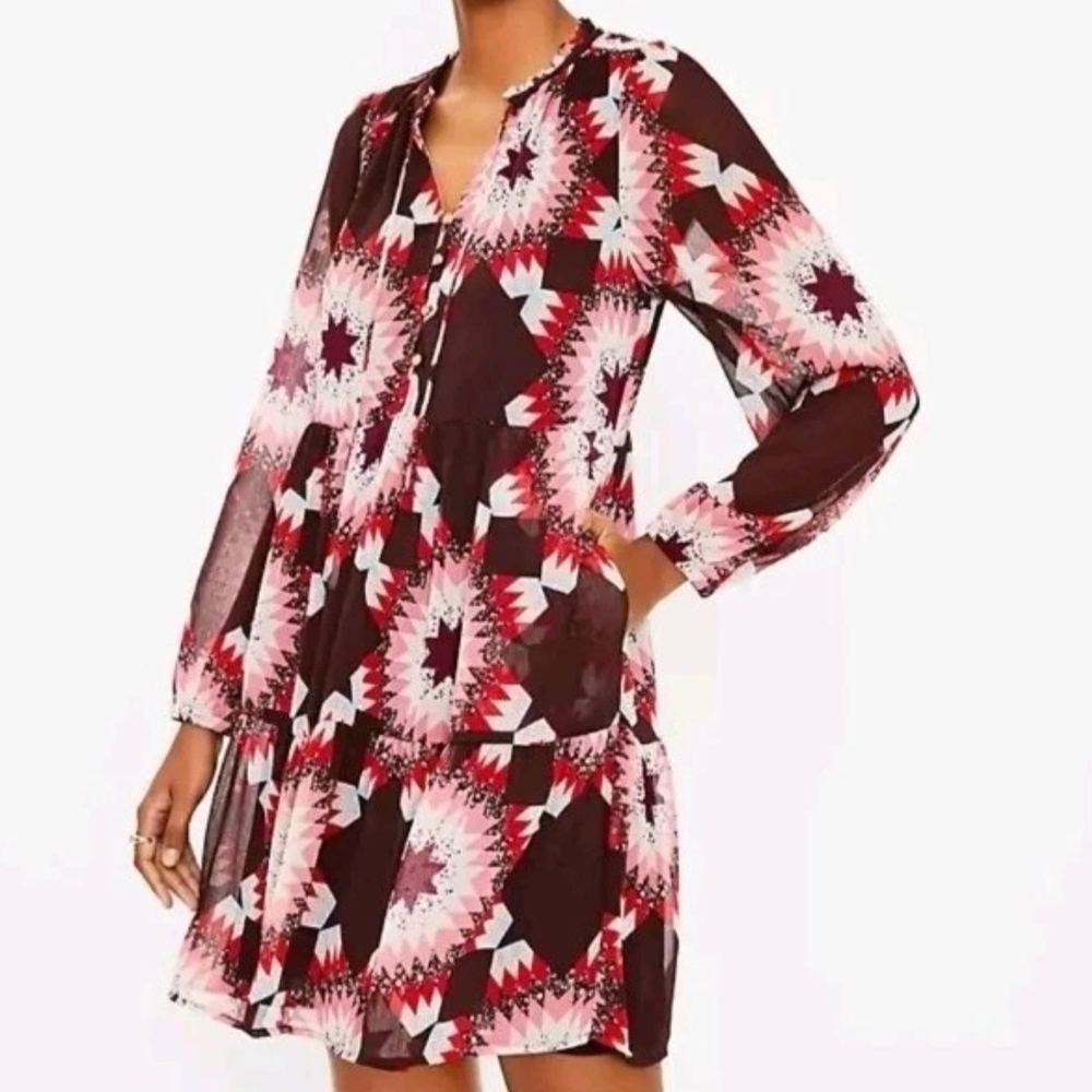 LOFT Patchwork Tie Neck Pocket Dress Sz Medium Comfy Western No Iron Need It